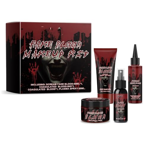 Halloween Kunstblut 4er Set - Kunstblut Spray, Tropfendes Kunstblut, Blood Gel, Wundschorf, Realistisches Waschbares SFX Make up Zubehör für Halloween, Mottoparty, Karneval, Vampir Cosplay (A) von Factorys