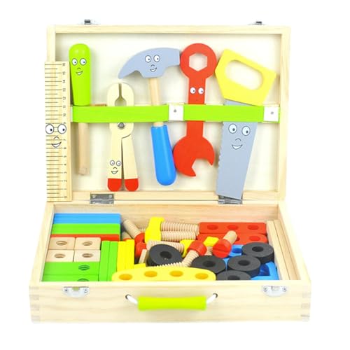Holzwerkzeugset, Holzwerkzeugkasten - Werkzeuge für Kinder 69-teilige Spielwerkzeuge aus Holz | Tragbarer, pädagogischer Werkzeugkasten aus Holz, Stammlernen für Kinder, Mädchen und von Facynde