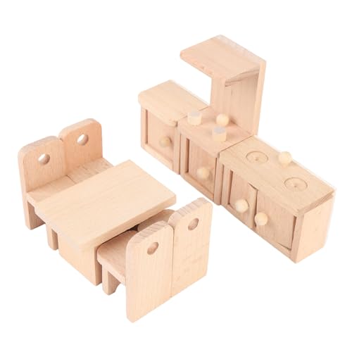 Fafeims Mini Küchenmöbel Set Buche Holz Miniatur Küchenmöbel Set mit Tischstuhl Waschbeckenschrank und Herd Schrank Spielzeugspiel Küchenzubehör von Fafeims