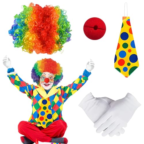 FainFun 4-Teiliges Clown KostüM Set, Clown Zubehör Inklusive Clown PerüCke, Clown Nase, Clown Krawatte, Clown Handschuhe, Buntes Clown Kostüm Set, fur Karneval, Halloween, Cosplay, Party, Zirkus von FainFun