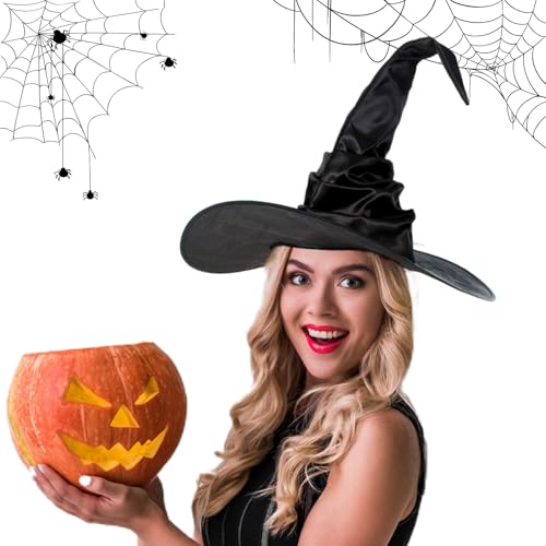 FainFun Halloween Hexenhut, Schwarz Halloween Hut, Hexen Accessoires Damen, Verstellbarer Halloween Kostüm Hexenhut für Halloween-Partys, Kostümpartys, Cosplay-Partys von FainFun