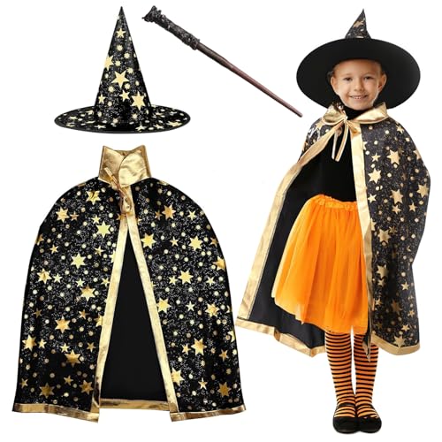 FainFun Hexe Zauberer Umhang mit Hut für Kinder, Wizard Cape Witch Umhang mit Hut, Halloween Hexe Zauberer Umhang, Zauberer Umhang Schwarz Kinder, Filz-Bonbontüten, für Kinder Cosplay Party(Schwarz) von FainFun