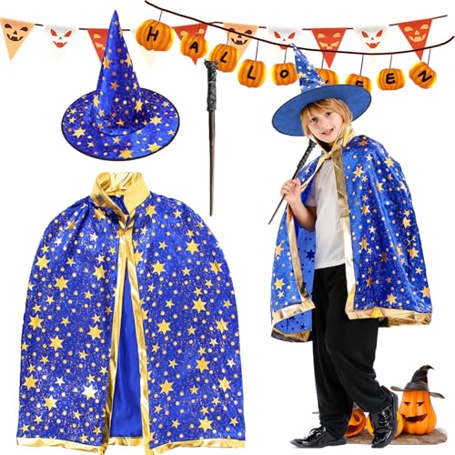 FainFun Hexe Zauberer Umhang mit Hut für Kinder, Wizard Cape Witch Umhang mit Hut, Halloween Hexe Zauberer Umhang, Zauberer Umhang Schwarz Kinder, Filz-Bonbontüten, für Kinder Cosplay Party (Blau) von FainFun