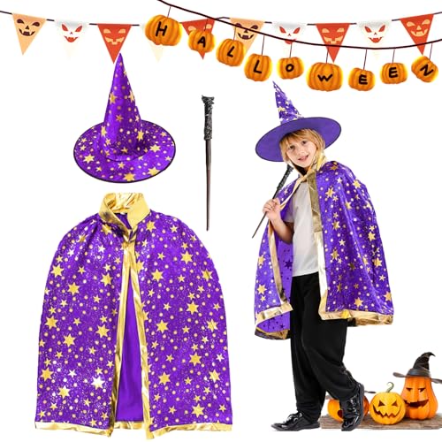 FainFun Hexe Zauberer Umhang mit Hut für Kinder, Wizard Cape Witch Umhang mit Hut, Halloween Hexe Zauberer Umhang, Zauberer Umhang Schwarz Kinder, Filz-Bonbontüten, für Kinder Cosplay Party (Lila) von FainFun