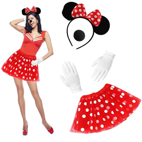 FainFun Mouse Kostüm Damen, Tiere Kostüm Damen, Maus Ohren Kostüm,Rot Tutu + Haarreifen +Handschuhe + Nase,Damen Mädchen Faschingkostüme Karneval Mottoparty Cosplay Party von FainFun