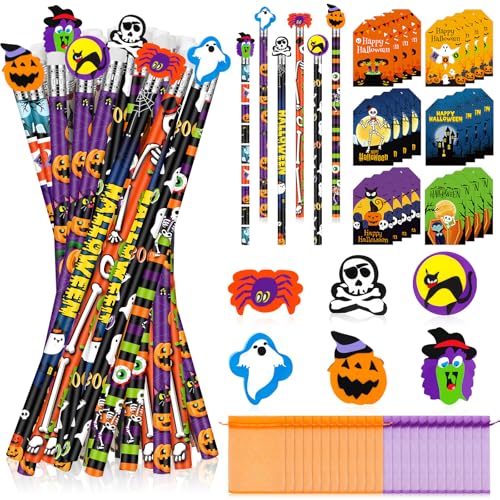 Fainne 24 Sets Halloween-Bleistifte mit Radiergummis, Cartoon-Bleistiftaufsätze, Karten und Organza-Beutel, Nummer 2 Bleistifte mit riesigen Radiergummis, bunte Holzstifte für Halloween, Party, von Fainne