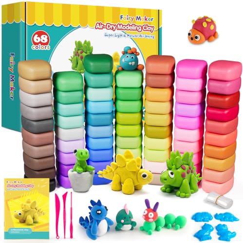 FairyMaker Modelliermasse Lufttrocknend - 68 Farben Knete Set für Kinder, DIY Bastelset mit 3 Werkzeugen, 4 Dinosaurier-Formen, 7 Beuteln, Anleitungsbuch, Geschenk für Jungen und Mädchen ab 6 Jahren von Fairy Maker