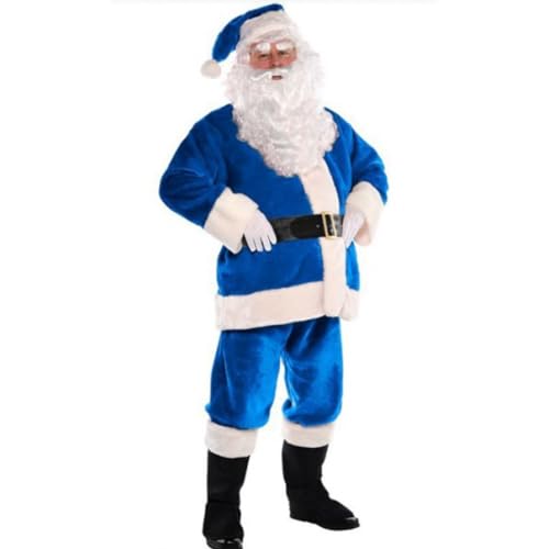 FairyHover 7-Teiliges Weihnachts-Set Blauer Weihnachtsmann-Anzug Herren-Weihnachtsmann-Kostüm Damen-Vintage-Weihnachtskostüm Für Erwachsene Cosplay-Anzug Blaues Weihnachtsmann-Kostüm A,L von FairyHover