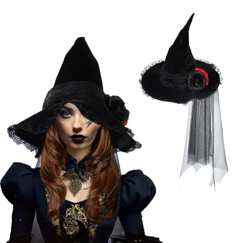 FairyPeach Schwarz Halloween Hexenhut, Gothic Brautschleier mit Rosen, Kostüm Zubehör, Hüte, Party Kostüm, Kopfschmuck, Haarreif, Accessoires für Karneval, Fasching Cosplay (Schwarz - Hexenhut) von FairyPeach