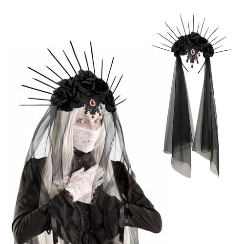 FairyPeach Schwarz Halloween Hexenhut, Gothic Brautschleier mit Rosen, Kostüm Zubehör, Hüte, Party Kostüm, Kopfschmuck, Haarreif, Accessoires für Karneval, Fasching Cosplay (Schwarz - Stirnband) von FairyPeach