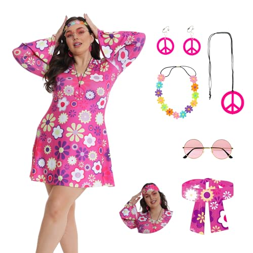 70er Jahre Outfit Damen Hippie Kleid Kostüm 60er Flower Power Kleidung Frau Fasching Karneval Kostüm Damen Große Größen Rosa 42 44 von Fairycos