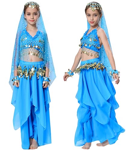 Fairycos Bauchtänzerin Kostüm Kinder Bauchtanz Bauchtanzkostüm Jasmin Genie Kostüm Mädchen Aladdin 128 134 140 146 15 Eisblau von Fairycos