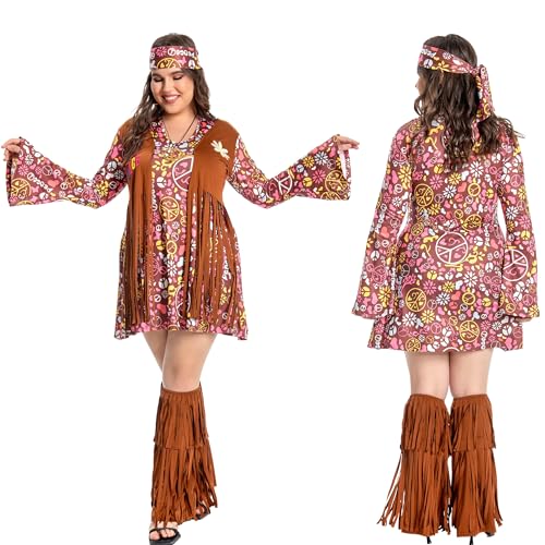 Fairycos Hippie Kostüm Damen Große Größen 58 60 70er Jahre Bekleidung Hippie Kleid Kleidung Schlagermove Outfit Faschingskostüme Frau von Fairycos