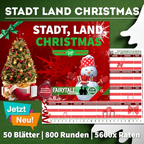 Fairytale Creations Stadt Land Christmas - Das Weihnachtsspiel für die ganze Familie | Stadt Land Fluss Weihnachten | Christmas Edition | Spielblock | Geschenkidee | Geschenke zu Weihnachten von Fairytale Creations