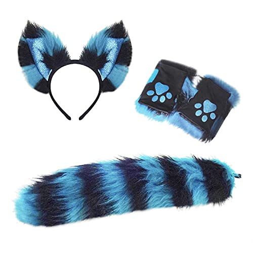 3 Stück Katze Kostüm Set, lange Pelz Katze Schwanz Cosplay Set Halloween Fancy Dress Kostüm Set, Katze Ohren Stirnband Katze Schwanz, Katze Handschuhe für Valentinstag Dress up Halloween Kostüm Party von FakeFace