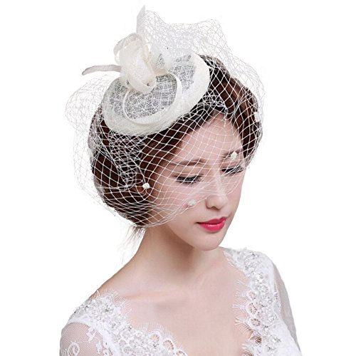 FakeFace Fascinator Hüte 20er 50er Jahre Hut Haar Clip Accessoire Haarreif Kopfbedeckung mit Schleier Cocktail Tea Party Hochzeit Kirche Haarschmuck Kopfschmuck, M, Weiß von FakeFace