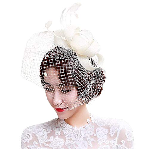 FakeFace Fascinator Hüte mit Feder Blumen Haar Clip Haarreif Haar Accessoire Netz-Mütze Schleier Tea Party Hochzeit Kirche Haarschmuck Kopfschmuck Kopfbedeckung für Frauen,beige von FakeFace