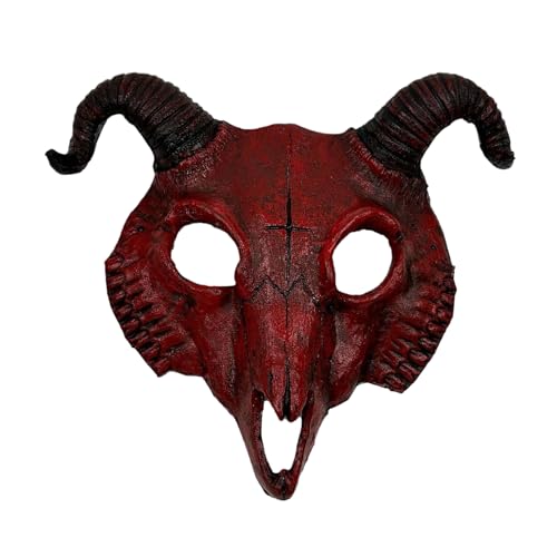 Halloween Dämon Maske Teufel Maske Horror Halbgesicht Maske Maskerade Schaum Maske Gruselig Rot Halbgesicht Widder Horn Teufel Maske für Monster Cosplay Kostüm (Ziege-rot) von FakeFace