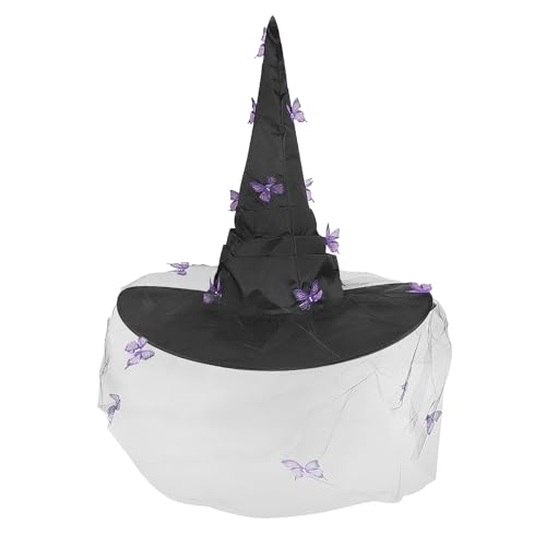 Hexenhut, Schmetterling, Halloween, Zaubererhut mit Schleier, spitzer Hut, Unisex, Schwarz, für Halloween, Karneval, Mottoparty von FakeFace