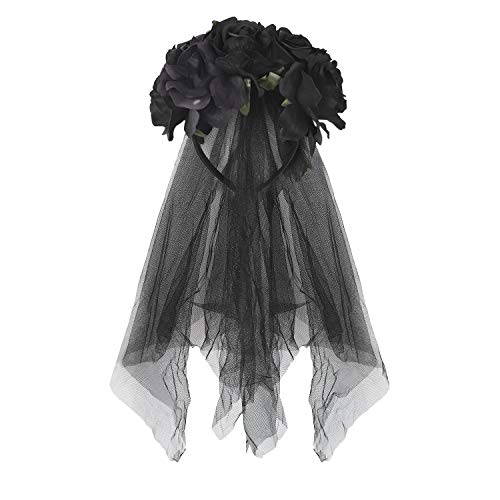 Schwarz Halloween Schleier Rose Floral Crown Schleier Haarschmuck Stirnband Länge Haarreif Kopfschmuck Party Dekoration Gothic Hexen Kostüm Accessoires für Karneval Fasching Cosplay von FakeFace