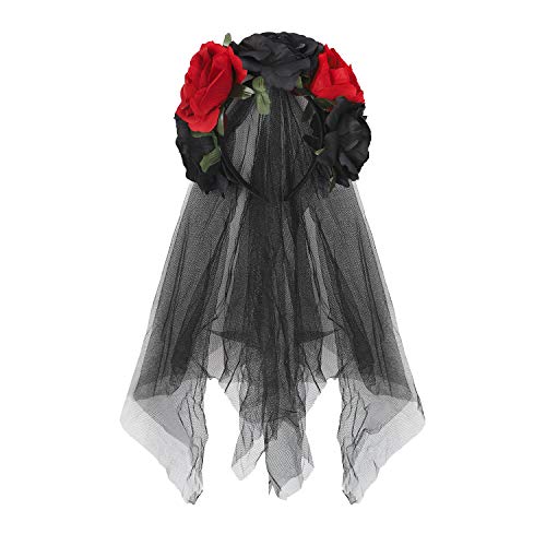 Schwarz Halloween Schleier Rose Floral Crown Schleier Haarschmuck Stirnband Länge Haarreif Kopfschmuck Party Dekoration Gothic Hexen Kostüm Accessoires für Karneval Fasching Cosplay von FakeFace