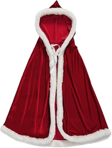 Weihnachten Santa Claus Umhang mit Kapuze, Rote Samt Weihnachtsmantel Cape Kleid, Rotkäppchen Weihnachtsfrau Kostüm, Miss Santa Claus Kapuzenponcho Party Kleid Outfit für Kinder Erwachsene 100cm von FakeFace