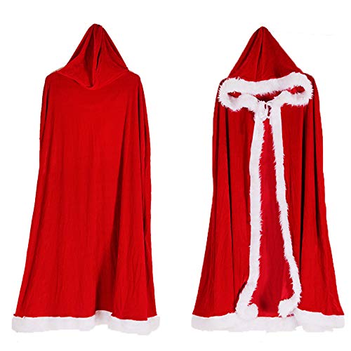 Weihnachten Santa Claus Umhang mit Kapuze, Rote Samt Weihnachtsmantel Cape Kleid, Rotkäppchen Weihnachtsfrau Kostüm, Miss Santa Claus Kapuzenponcho Party Kleid Outfit für Kinder Erwachsene 120cm von FakeFace