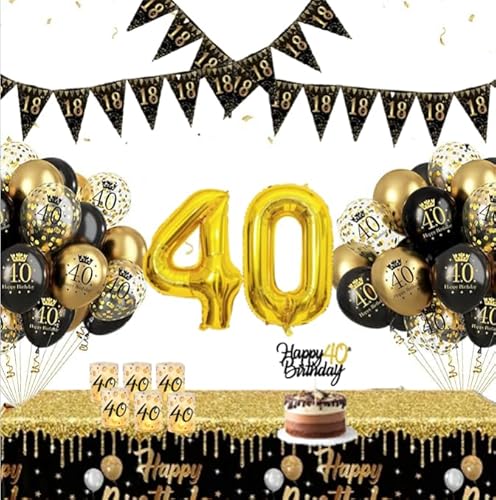 Fakindiy 18. Geburtstag Deko 18. Geburtstag Junge Mädchen Schwarze Goldene Ballons Zahl Ballon 32" mit Tischdecke mit Gold Print Cake Topper Kerzen Lampenschirm Banner 18. Geburtstag Deko Set von Fakindiy