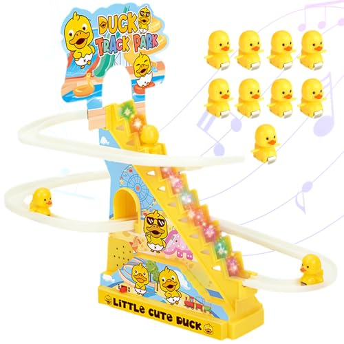 9 Stück Ente Treppensteigen Spielzeug, Elektrische Ente Achterbahn Spielzeug Musik Ente Set mit LED Blinklichtern, Duck Climbing Stairs Toy Elektrische Badewannenspielzeug Geschenk für Mädchen Jungen von Falafoty