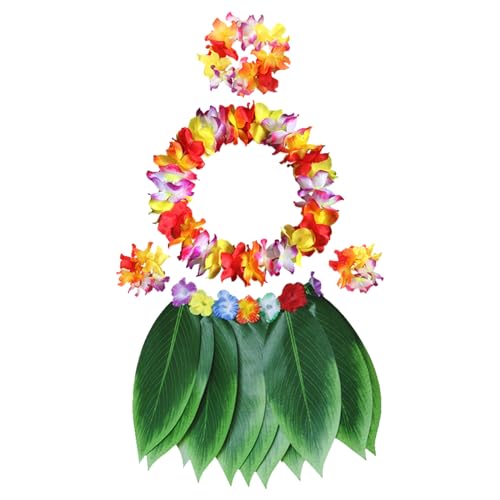 Blattrock Hawaiian Kostüm Set mit Blume Halskette Armbänder, Hawaii Outfit Party Kostüm für Sommerstrandparty, Hawaii Hula Rock für Erwachsene Kinder Karneval Luau Partykostüm Zubehör (5PCS) von Falafoty