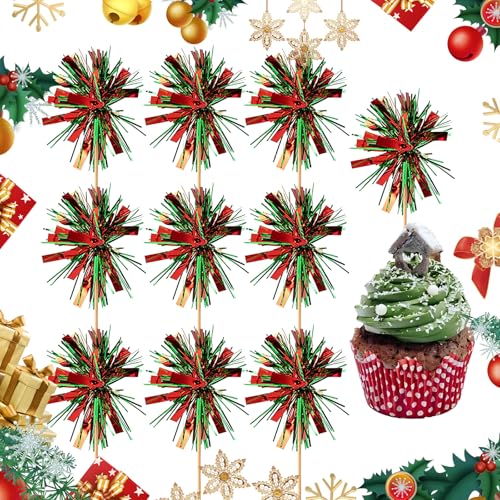 Cupcake Topper aus Folie mit Feuerwerk 10 Stück Cupcake Topper für Weihnachten Set mit glitzerndem Lametta Kuchendekoration für Weihnachtsfeier Geburtstag Hochzeit von Falafoty