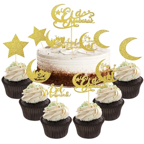 Eid Mubarak Glitzer Cupcake-Topper, 25PCS Stern Mond Cake Topper Ramadan Party Kuchendekoration, Muslimischen Ramadan Cupcake Picks Eid Mubarak Kuchen Topper Dekoration Party Zubehör von Falafoty