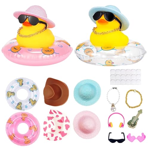 Ente Auto Armaturenbrett Dekorationen, 14PCS Gelbe Gummiente Badespielzeug mit Sonnenhüten Sonnenbrille Goldenen Ketten und Schwimmringen, Baby Shower Spielzeug Schlafzimmer Dekoration von Falafoty