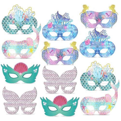 Falafoty 12PCS Meerjungfrau Masken Kinder Tierische Papiermasken, Meerjungfrau Dress Up Cosplay Masken, Meerjungfrau Party Maske Für Maskerade Unterwasserwelt Thema Geburtstag Party Kostümezubehör von Falafoty