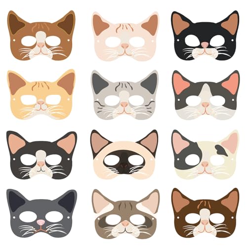 Falafoty 12PCS Party Masken Kinder, Katze Papiermaske Tierkostüme Spielzeug Verkleidung Cosplay Masken, Tiermasken Katzen-Themenmasken für Halloween Maskerade Kindergeburtstag Karneval Partyzubehör von Falafoty