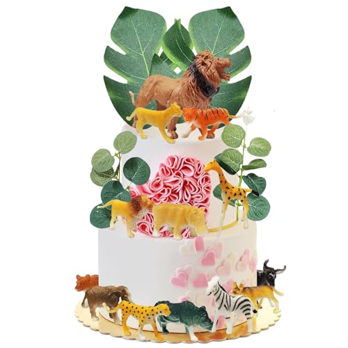 Falafoty 17 Stück Realistische Safari Dschungel Tier Kuchen Topper Tropische Palmenblätter Löwe Giraffe Elefant Tiger Nashorn Leopard Kuchendekorationen für Kinder Wild Theme Geburtstag Party von Falafoty