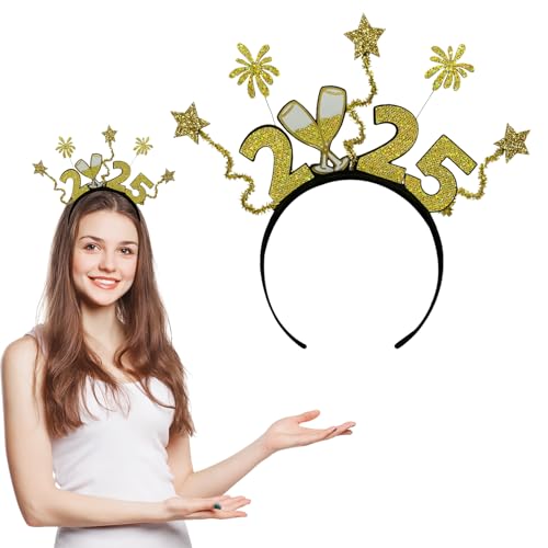 Falafoty 2025 Happy New Year Haarreifen, 1Pcs Glitzer Silvester Stirnband Neujahr Deko Haarband Tiara Fotorequisiten für Weihnachten Silvester Kopfschmuck Party Kostüm Zubehör Kinder Geschenk (Gold-1) von Falafoty