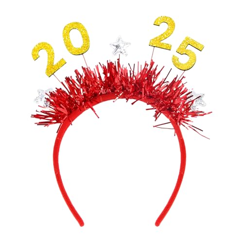 Falafoty 2025 Happy New Year Haarreifen, Glitzer Silvester Stirnband Neujahr Deko Haarband Tiara Fotorequisiten für Weihnachten Silvester Kopfschmuck Party Kostüm Zubehör Kinder Geschenk (Rot) von Falafoty