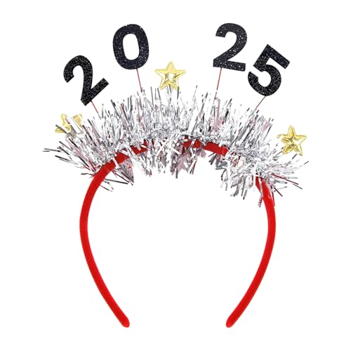 Falafoty 2025 Happy New Year Haarreifen, Glitzer Silvester Stirnband Neujahr Deko Haarband Tiara Fotorequisiten für Weihnachten Silvester Kopfschmuck Party Kostüm Zubehör Kinder Geschenk (Silber) von Falafoty