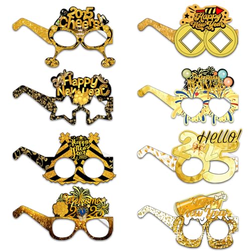 Falafoty 8PCS Frohes Neues Jahr Brille, 2025 Silvester Brille Spaß Papier Partybrille Foto Requisite Neujahr Dekorativ Brillen Rahmen, Erwachsene Kinder Happy New Year Brillen Party Dekoration (Gold) von Falafoty