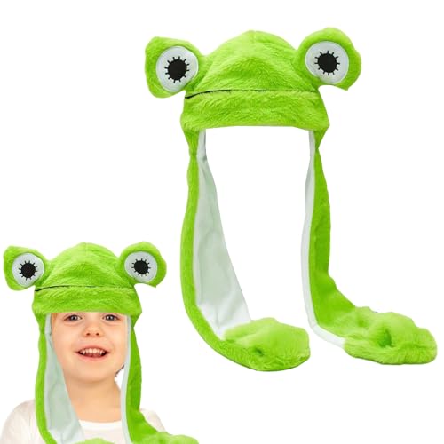 Falafoty Frosch Hut Bewegliche Ohren, Lustiger Plüsch Tierhut Springende Ohren Hut, Weiche Frosch Tiermütze Niedliche Tier-Schlappmütze, Warme Wintermütze für Erwachsene Kinder Party Cosplay Kostüm von Falafoty