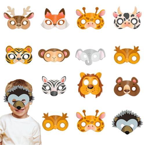 Falafoty Tiermasken Für Kinder, 12PCS Tierische Papiermaske für Kinder Dschungel Safari Thema Geburtstag Verkleiden Partyzubehör, Cosplay Maske Partymasken Halloween Maskerade Tierkostüm Augenmaske von Falafoty