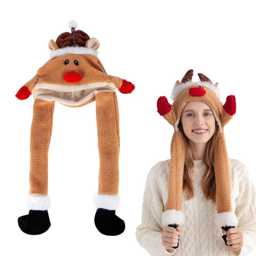 Falafoty Weihnachten Tier Hüte Plüsch Weihnachtsmütze Beweglich, Weihnachts Rentier Mütze mit Pop-up Ohrenklappen,Weihnachtsmütze Kopfbedeckung Party Cosplay Kostüm Zubehör für Kinder Erwachsene von Falafoty