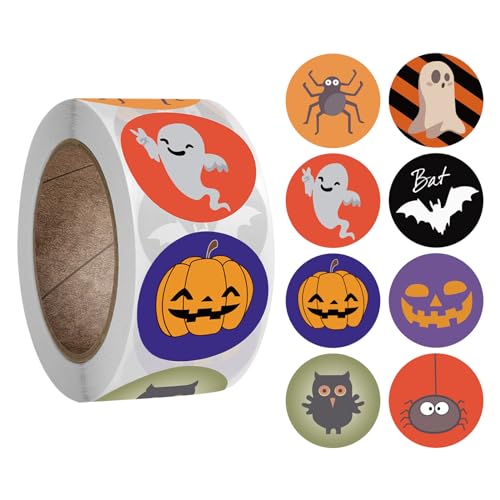 Halloween Aufkleber Rolle, 500PCS Halloween Rund Aufkleber Spaß Selbstklebender Etikettenaufkleber, Halloween Dekorative Siegelaufkleber für Party Einladungen Geschenktüten Umschläge DIY Craft (A2) von Falafoty