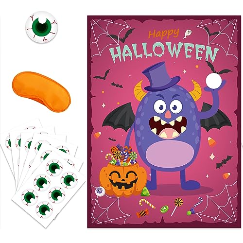 Halloween Spiele Halloween Party Spiele für Kinder, Halloween Cartoon Poster Augenbinde Augenaufkleber, Kinder Halloween Party Spiel für Kinder Schule Klassenzimmer Halloween Pin Spiel (Monsterstil) von Falafoty