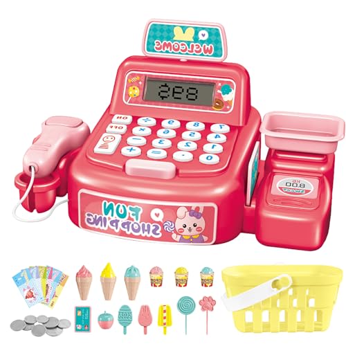 Kasse Registrierkasse Kinder Spielzeug mit Scanner, Taschenrechner, Lebensmittel, Händler Spiele für Mädchen Jungen Rollenspiel Spielzeug Shopping Zubehör, Geburtstagsgeschenk für 3 Jahre (Rot) von Falafoty