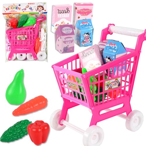 Falafoty Kinder Einkaufswagen Trolley Spielzeug, 21PCS Supermarkt Einkaufen Spielset Wagen mit Essen Obst Gemüse, Rollenspiel vorgeben Lernspielzeug Geschenk für Kinder Einkaufswagen-Zubehör (Rosa) von Falafoty