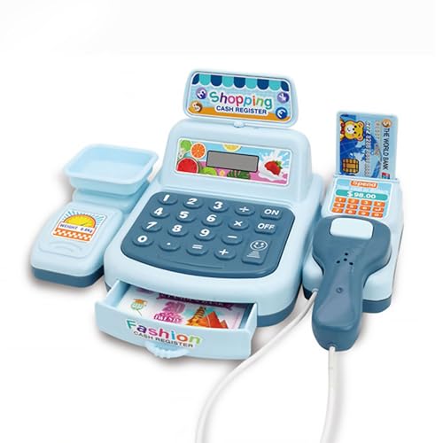 Kinderspielzeug Mini Registrierkasse mit Scanner, Echtem Rechner und Sounds, Kaufladen Zubehör für Kinder Rollenspiel Geld Einkaufen Spielkasse, Geschenk für Mädchen Jungen ab 3 Jahren (Blau) von Falafoty