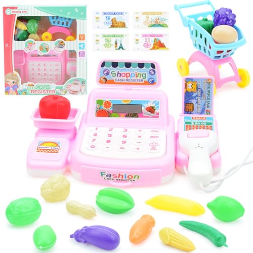 Registrierkasse Spielzeug mit Scanner, Taschenrechner, Geschäfte Zubehör für Kinder Rollenspiele Mini Spielzeugset, Lernspielzeug Shop Geschenk für Jungen Mädchen 3 Jahre (Rosa) von Falafoty