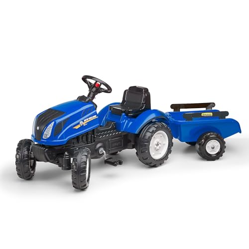 Falk Tractor de New Holland Leaf Traktor mit Pedalen Anhänger – ab 2 Jahren Motorhaube zum Öffnen – Lenkrad mit Hupe – 3080AB, blau, L von Falk